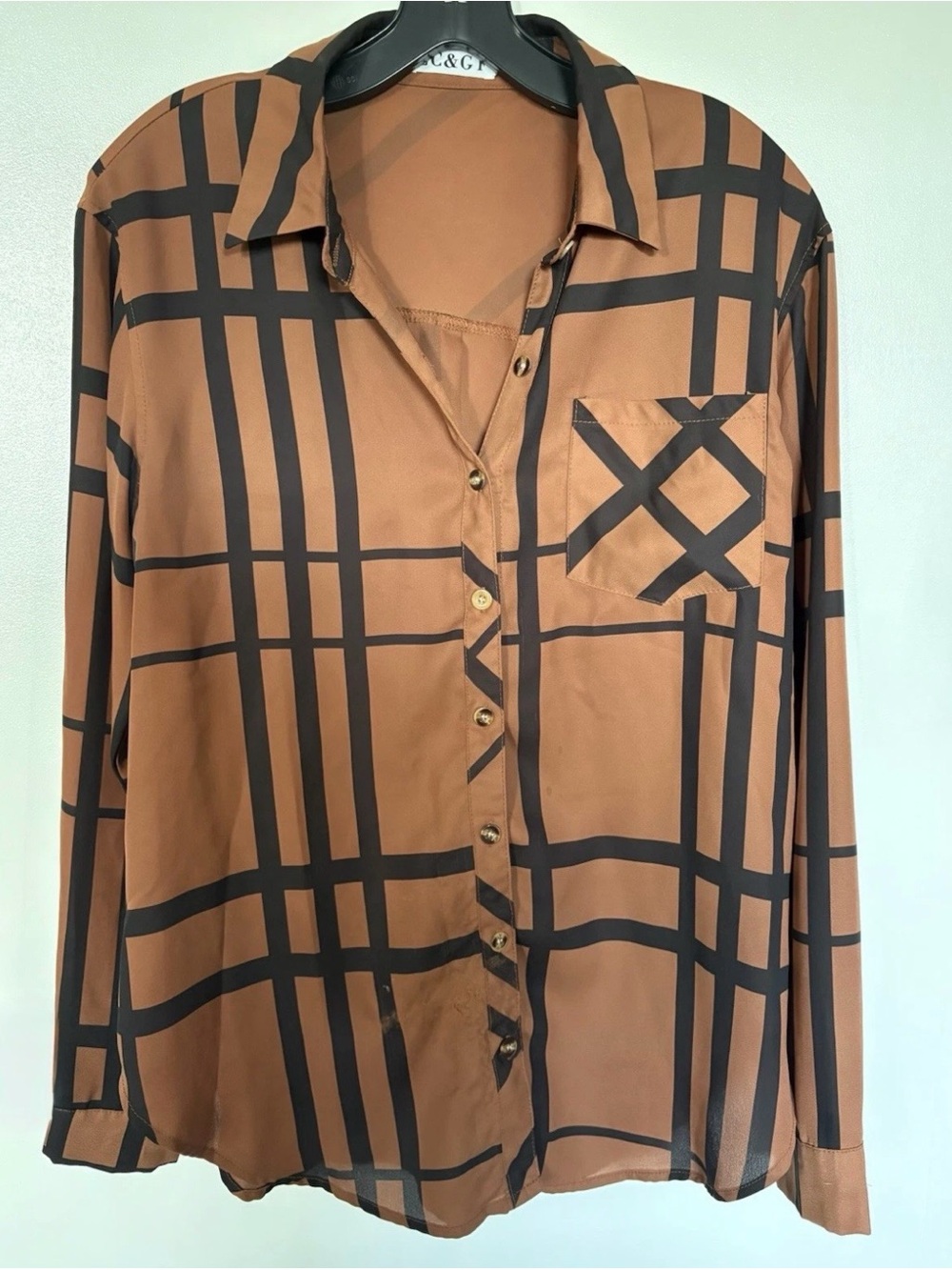 ZC&GF Women’s Brown/Black Plaid Collared Button-Up Long Sleeve Blouse, Large